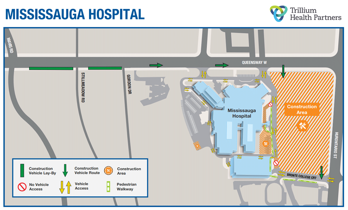 Construction Vehicle Lay-By area is located along the Queensway West Eastbound Lane, on the South shoulder, between Mavis Rd and Gordon Dr. Construction vehicle route will be: Queensway eastbound to Mississauga Hospital construction area, and exiting it at Bronte College Crt going South.