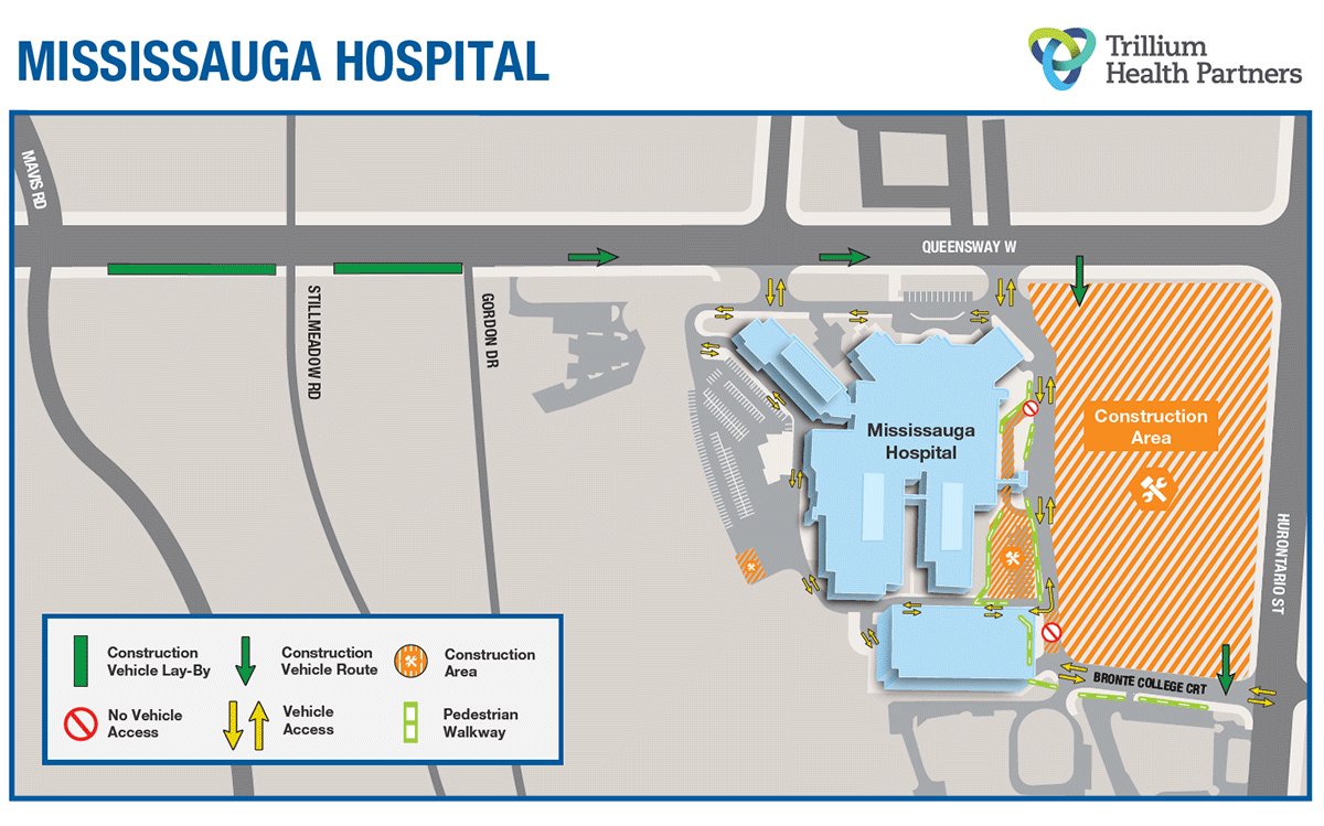 Construction Vehicle Lay-By area is located along the Queensway West Eastbound Lane, on the South shoulder, between Mavis Rd and Gordon Dr. Construction vehicle route will be: Queensway eastbound to Mississauga Hospital construction area, and exiting it at Bronte College Crt going South.