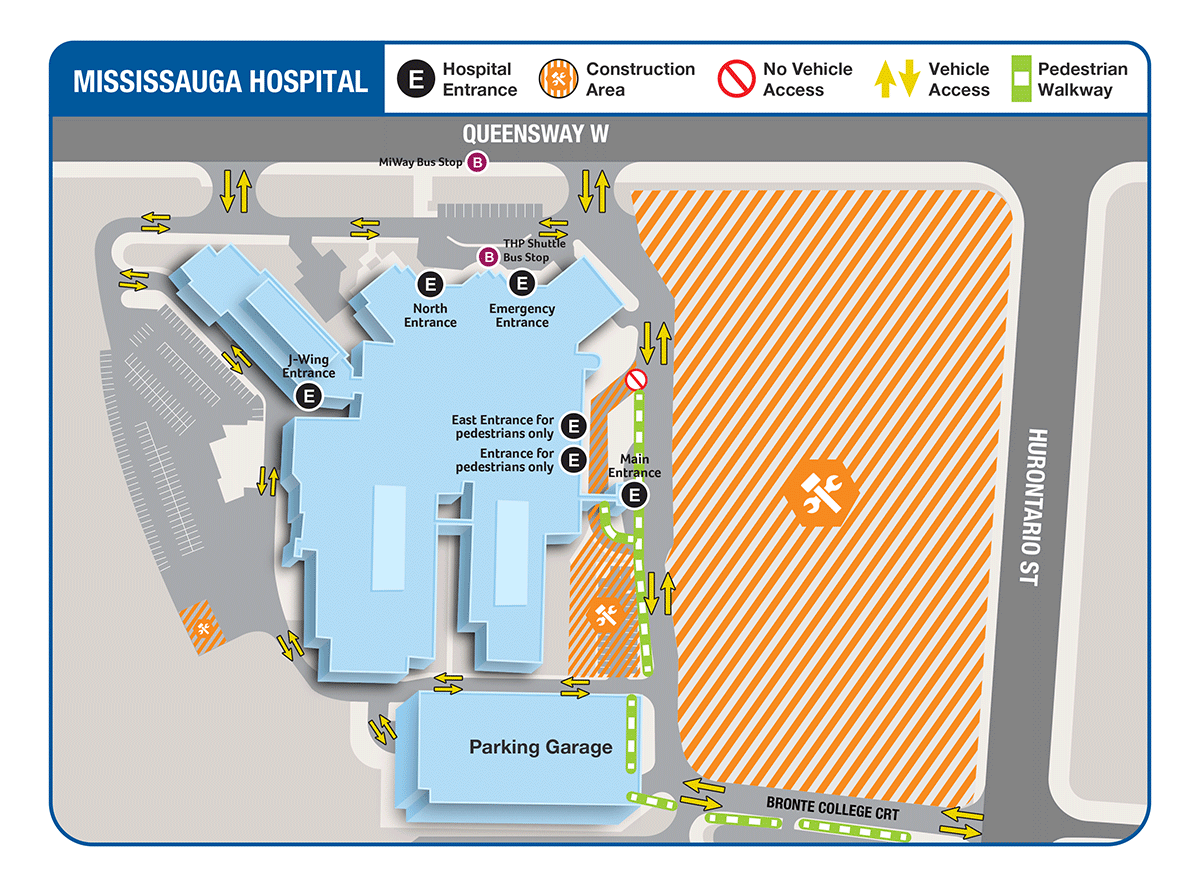 Construction is underway on large area of Mississauga Hospital grounds, close to Queensway and Hurontario South-West corner. Other area under construction is on east side of the Mississauga Hospital, on both sides of the Main Entrance – lower driveway is closed to vehicle traffic, but remains open for pedestrian access. Parking garage is on the South end of the Hospital, and can be accessed via Bronte College Court, or Queensway W. Another smaller surface parking lot is on the West side of the hospital, and is also accessed by both roads.