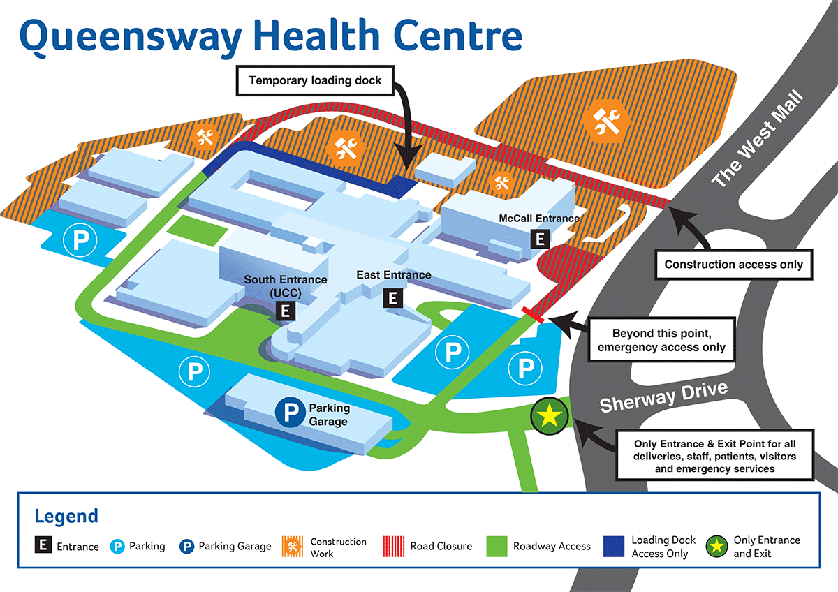 QHC Construction Map: (NEW): Starting with February 27, the existing loading dock is closed, with a temporary one in place until the new patient tower is complete. All hospital traffic, including Shipping and Receiving, is directed through the south signalized intersection.;
At Queensway Health Centre, new parking garage is now open on the south side, accessible from entrance across the Sherway Drive. Sherway Drive is the only Entrance and Exit point for all staff, patients and visitors. North entrance is for construction access only. Starting on March 18, 2024 construction will take place along the West Mall Road. Due to this, the following temporary closures and reductions will occur from March 18 – April 1, 2024: Temporary closure of the West Mall bus stop, and Temporary lane reduction on West Mall Road.
