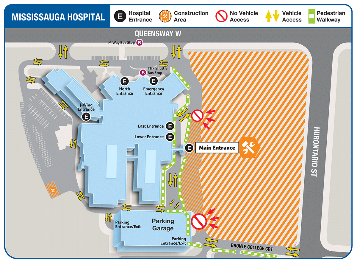 Construction is underway on large area of Mississauga Hospital grounds, close to Queensway and Hurontario South-West corner. Other area under construction is on east side of the Mississauga Hospital, on both sides of the Main Entrance – lower driveway is closed to vehicle traffic, but remains open for pedestrian access. Parking garage is on the South end of the Hospital, and can be accessed via Bronte College Court or Queensway West. Another smaller surface parking lot is on the West side of the hospital. Main Entrance on the East side of the hospital is closed – no pedestrian or vehicle access. Use the Lower Entrance, open 24/7 with two-way traffic.